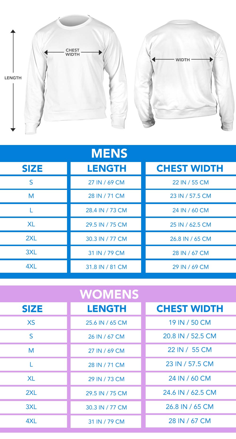 Size Chart For Sweaters