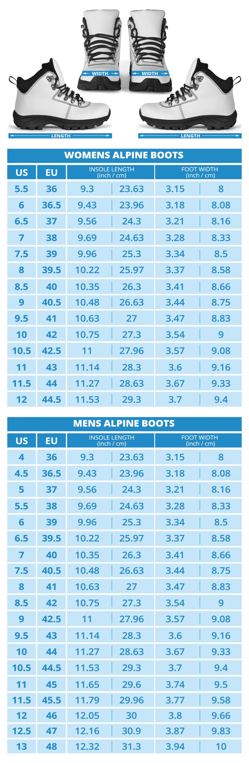 Alpine Ski Boot Size Chart